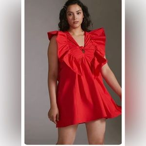 Anthropologie Blue Tassel Red Ruffle Dress. 1X.